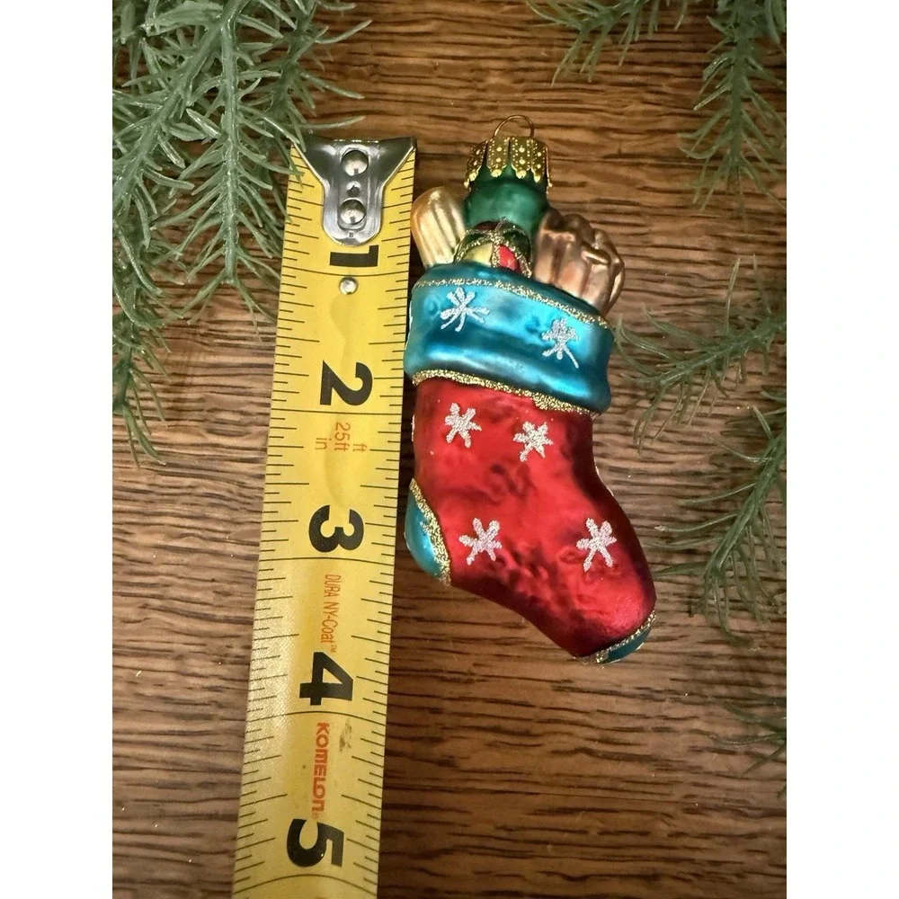 UFG Ursa Fine Glass Stocking Ornament Poland Hand-Blown Red Blue‎ Gold 4.75″
